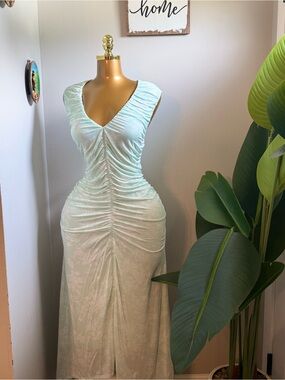 Ruched V-Neck Mint Maxi Dress